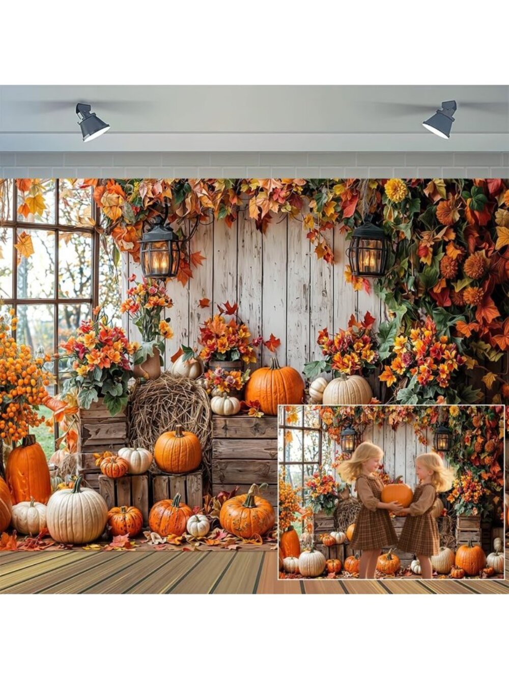 Autumn Pumpkin Fall Backdrop 20x10ft Rustic Wooden Floor Harvest Decor for